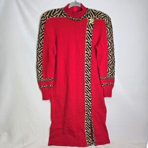 Antonella Preve New York Knit Sweater Dress Red Animal Print Vintage L/XL READ